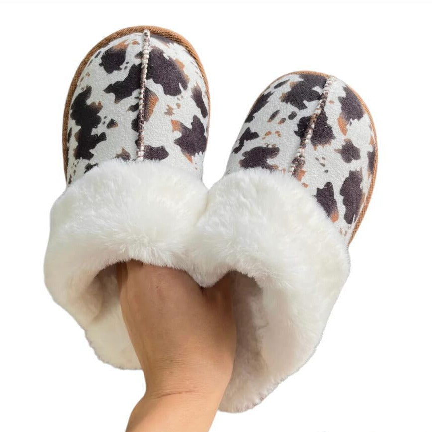 Wholesale Winter Home Cow Patterned Plush Slippers